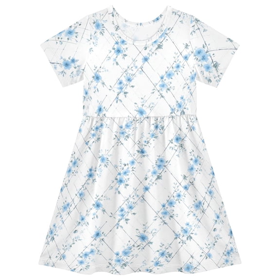 Flowers Light Blue Short Sleeve Dress A-Line Cute Midi Casual Sundress 2-8 Years