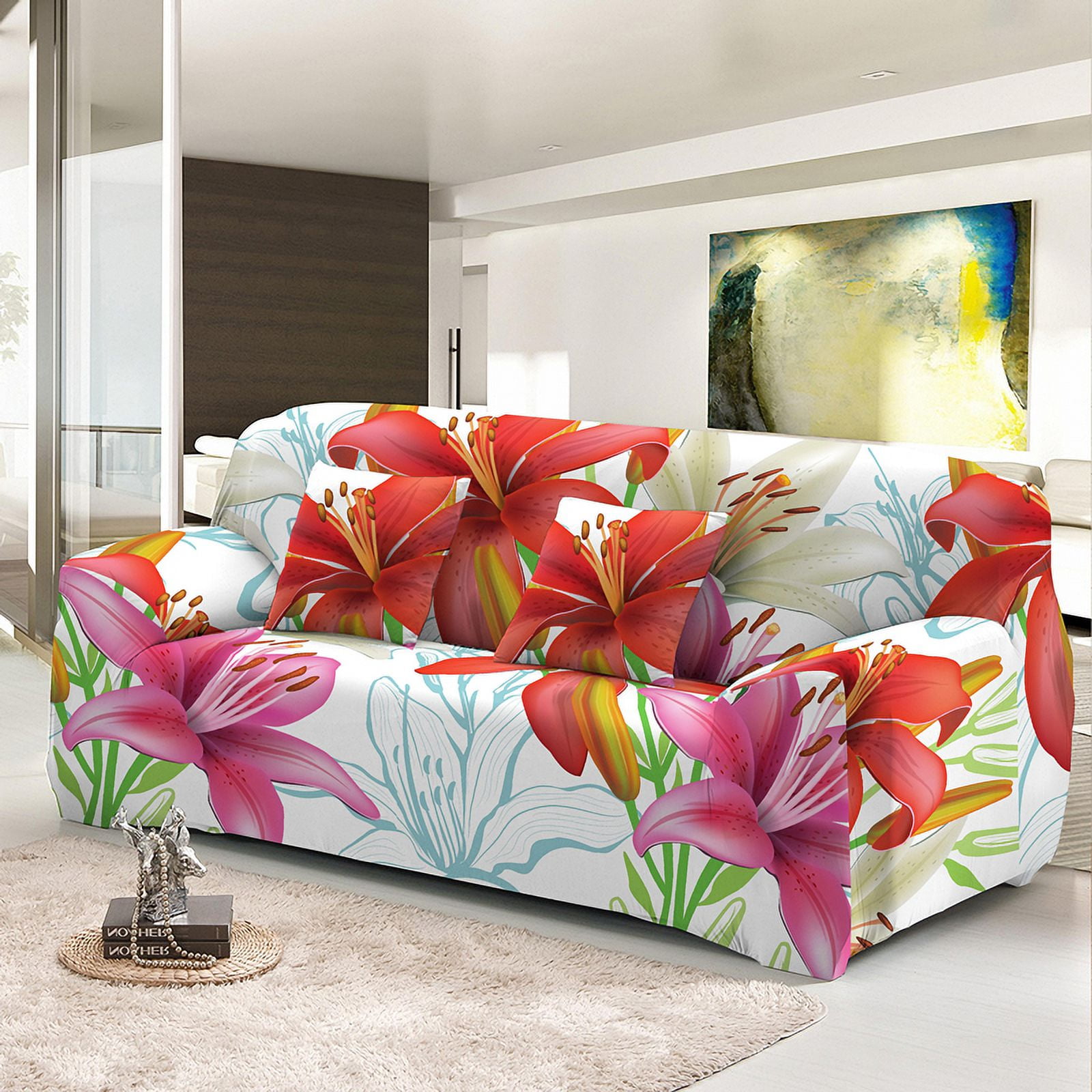 Flowers Lily Print Stretch Sofa Cover For Living Room 1/2/3/4 Seater