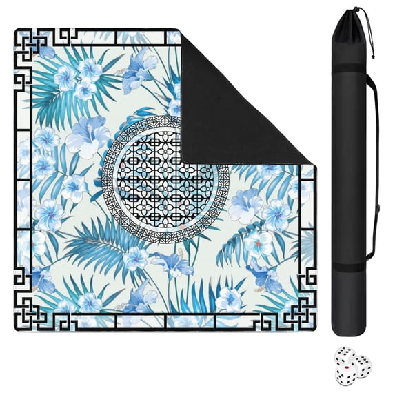 Flowers Mahjong Mat with Rules, 31.5*31.5in Anti Slip American Mahjong Mat for Table, Noise Reduction, Neoprene Mah jongg Mats with Carrying Bag & 3 Dices, Mahjong Set Gift, Board Tile Games Mats