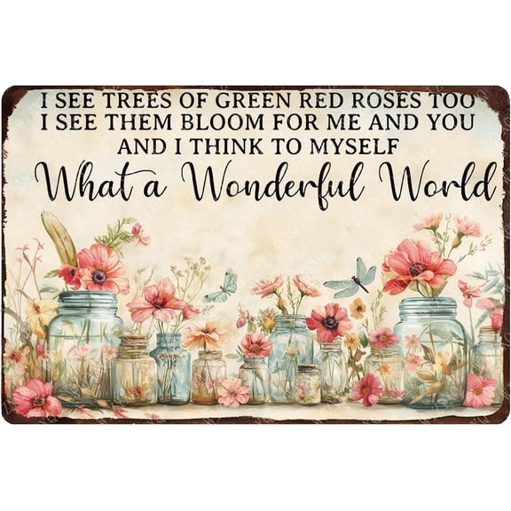 Flowers Metal Tin Sign What A Wonderful World Garden Wall Decor for Yard Home Fence 12 x 8 Inch