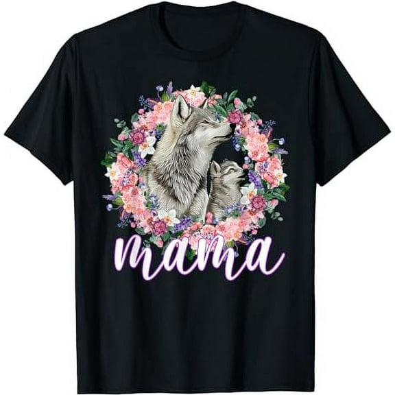 Flowers Mom & Cute Baby Wolf - Animal Mama Mother's Day T-Shirt