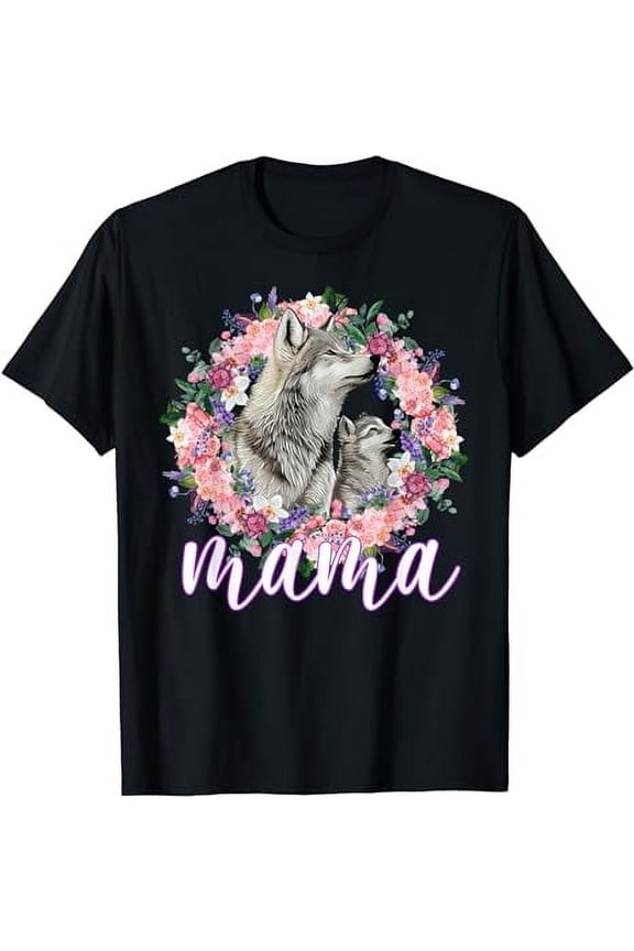 Flowers Mom & Cute Baby Wolf - Animal Mama Mother's Day T-Shirt