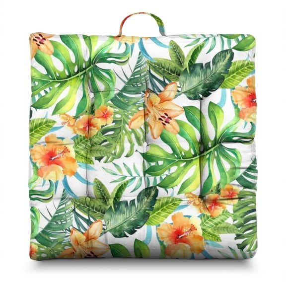 Flowers & Monstera Floor Cushion - Oversized Square Tatami Mat Seat with Botanical Print, 9-Point Tufting for Even Filling & Long-Lasting Support