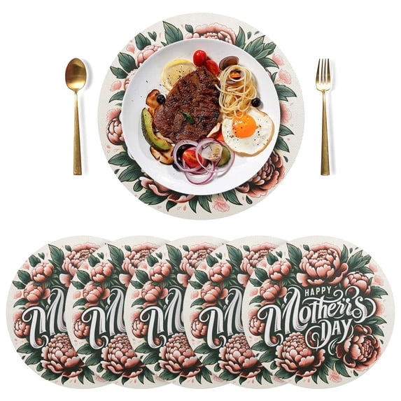 Flowers Mother's Day Black Round Placemats Plate Mats 15 Inch Non-Slip Heat Resistant Washable PVC Set Indoor for Kitchen Dining Table 4PCs