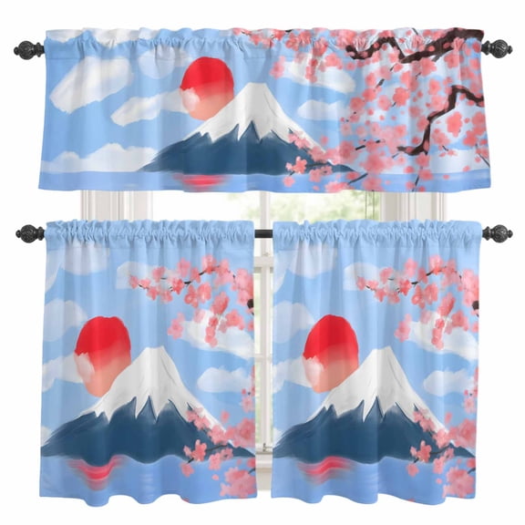 Flowers Mountain Kitchen Curtains Sets for Windows 36 Inch Length, Spring Sun Floral Nature Scenery Rod Pocket Window Treatments Tier Curtains and Valances Set for Bedroom/Bathroom