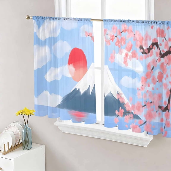 Flowers Mountain Sheer Curtains 45 Inch Length 2 Panels Set, Spring Sun Floral Nature Scenery Voile Window Treatment Rod Pocket Small Kitchen Curtains Drapes for Bedroom 52"x45"x2