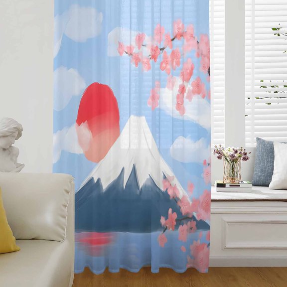 Flowers Mountain Sheer Curtains 45 Inches Long for Living Room/Bedroom, Spring Sun Floral Nature Scenery Rod Pocket Voile Kitchen Curtains & Drapes Window Treatment 1 Panel, 52"W x 45"L