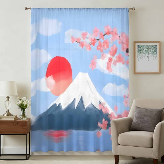 Flowers Mountain Sheer Curtains 84 Inches Long for Living Room, Spring Sun Floral Nature Scenery Light Filtering Privacy Drapes, Breathable Semi Sheer Window Treatment for Bedroom Dining Room