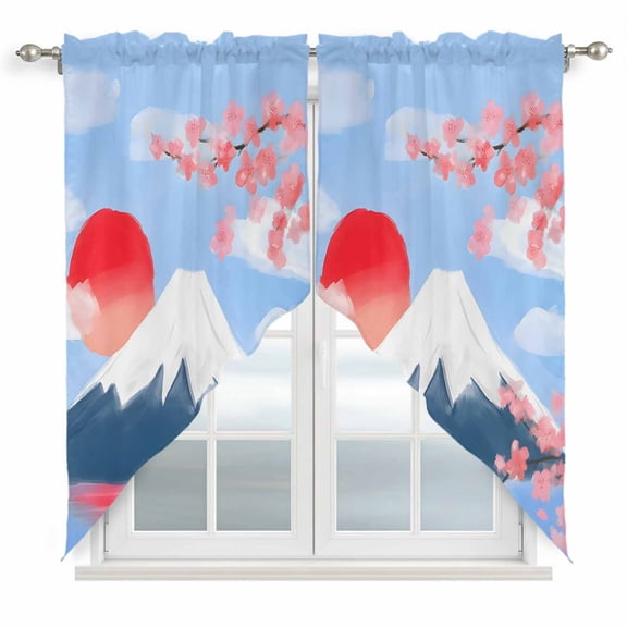 Flowers Mountain Swag Valances for Windows, Kitchen Curtains 36 Inch Length 2 Panels Set, Spring Sun Floral Nature Scenery Short Curtains for Small Windows Rod Pocket Cafe Curtains Drapes 28"x36"