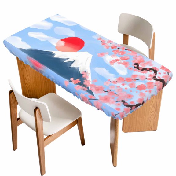 Flowers Mountain Table Cloths for 3 Foot Rectangle Tables, Spring Sun Floral Nature Scenery Patio Waterproof Elastic Fitted Tablecloths, Washable Rectangular Table Cover for Camping