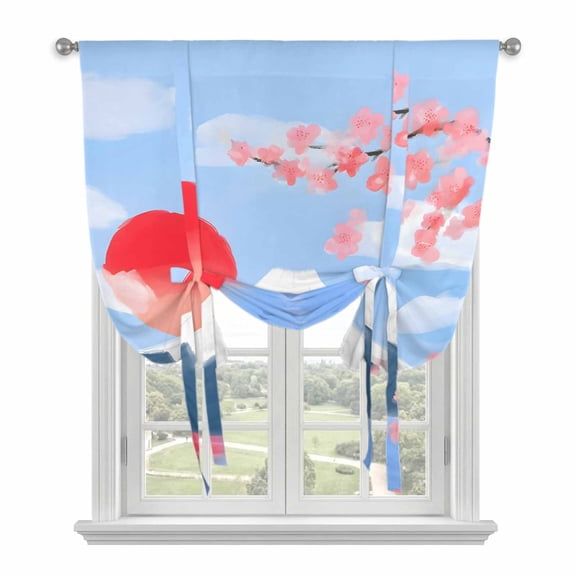 Flowers Mountain Tie Up Curtains for Windows, Adjustable Balloon Window Shades, Spring Sun Floral Nature Scenery Kitchen Window Treatments Adjustable Roll Up Curtain for Basement/Nursery 52"x45"