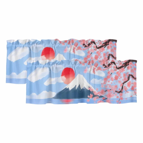 Flowers Mountain Valances for Windows, Decorative Rod Pocket Window Valance Curtains, Spring Sun Floral Nature Scenery Short Curtain Drapes for Kitchen/Bathroom/Living Room, 2 Panels, 42" W x 18" L