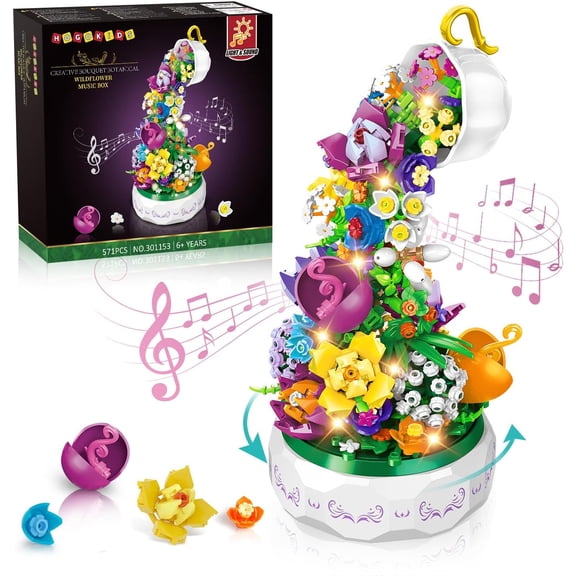 Flowers Music Box Building Block Kit with Light- 571PCS Valentines Day Gifts Decoration Rotating Music Box Blocks Set | Botanical Collection Birthday Gift for Girls Boys Adults Kids Ages 6+