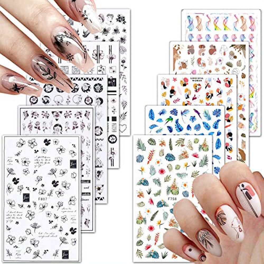 Flowers Nail Decals Art Sticker, KINGMAS 10 Sheet Flowers/Feathers