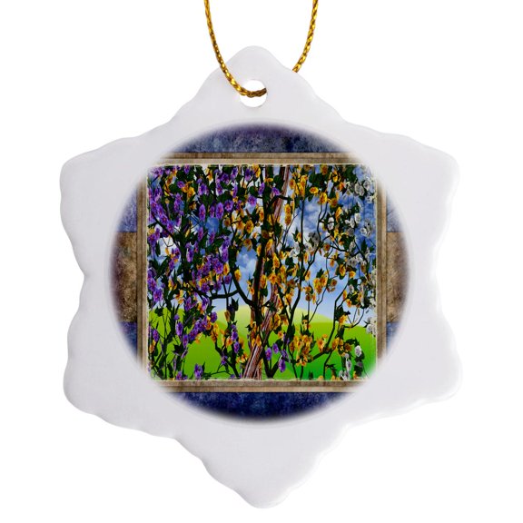 3drose, Flowers on the Grapevine, 3 inch Snowflake Porcelain Ornament
