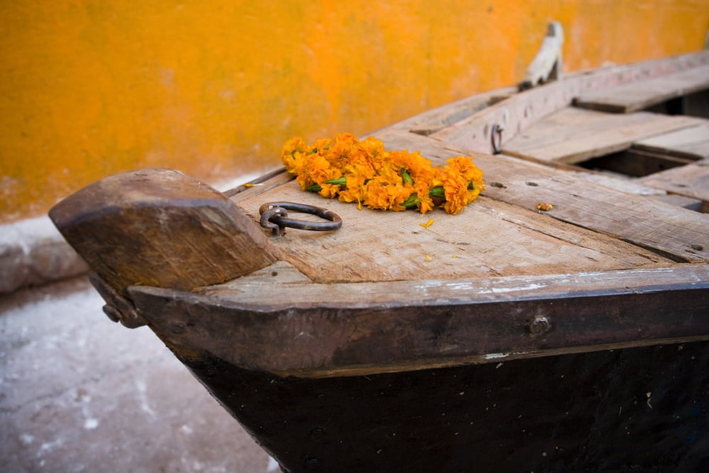 Flowers On Top Of Wooden Canoe Varanasi Utter Pradesh India Canvas Art - David DuChemin Design Pics (38 x 24)