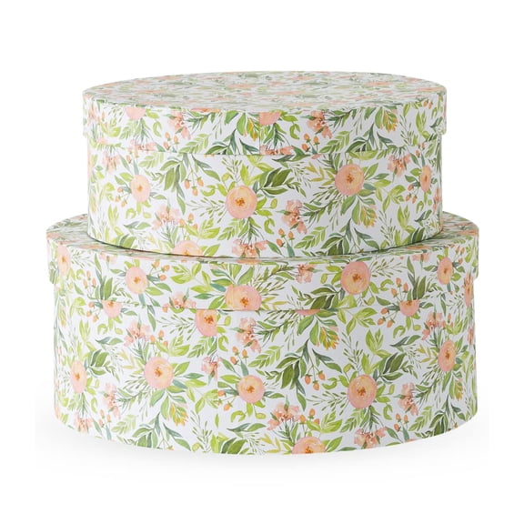 Flowers Oval Storage Boxes For Home Decor - Set Of 2: Floral Gift With Lids Presents Decorative Photo Cartons Stackable Paperboard Containers Organizing