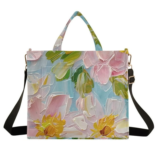 Flowers Painting Corduroy Tote Bag Handbag Large Messenger Bag Shoulder Crossbody Zipper Bag Purse