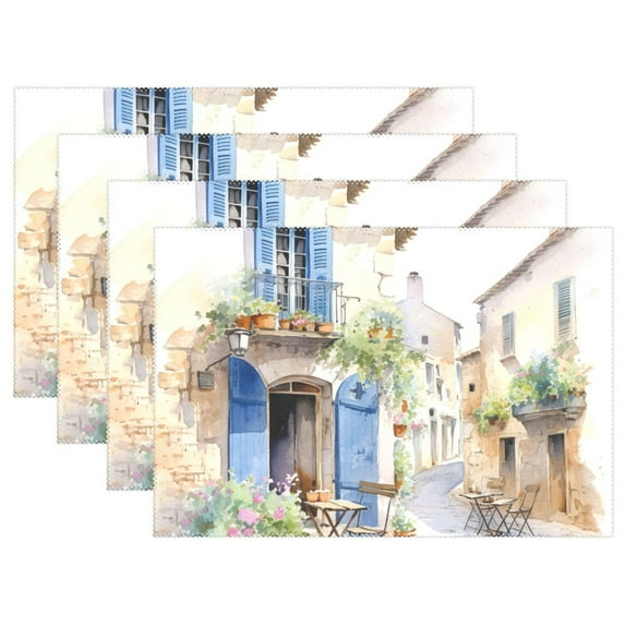 Flowers Painting Houses 12×18 inch Placemats Heat Resistant Washable Foldable Rectangular Placemats Set Decoration Indoor Outdoor for Kitchen Dining Table 4PCs