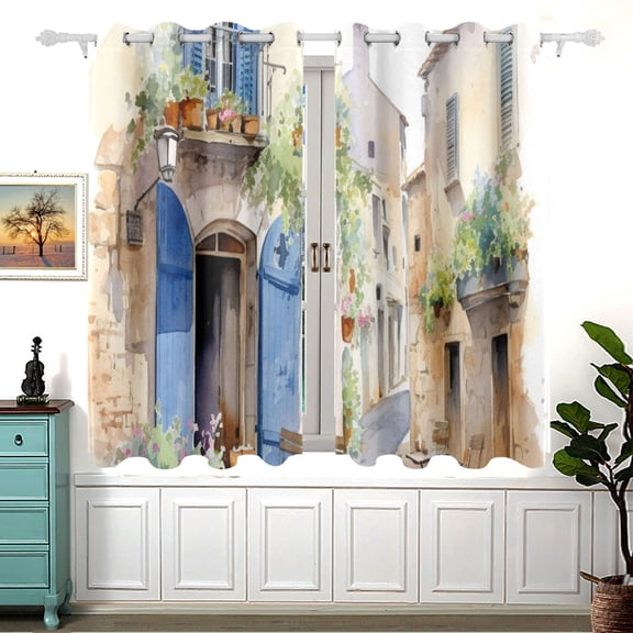 Flowers Painting Houses 5455 Inch Black Out Curtains 2 Packs Aesthetic for Bedroom Living Room Sliding Glass Doors Kitchen Windows