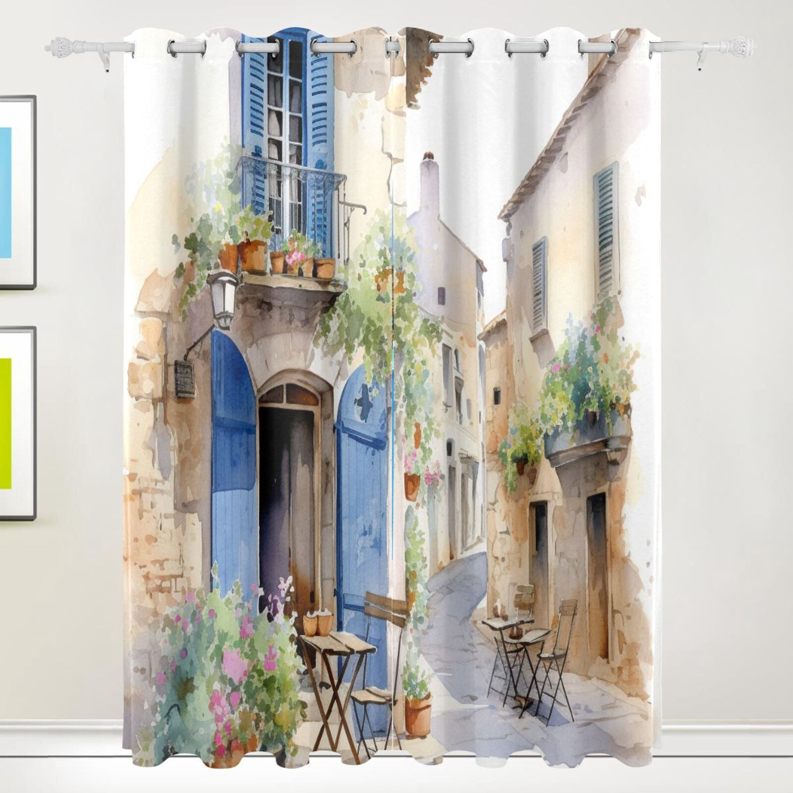 Flowers Painting Houses Black Out Curtains 84 Inch Length Curtains for Sliding Glass Doors Bedroom Living Room 2 Pack