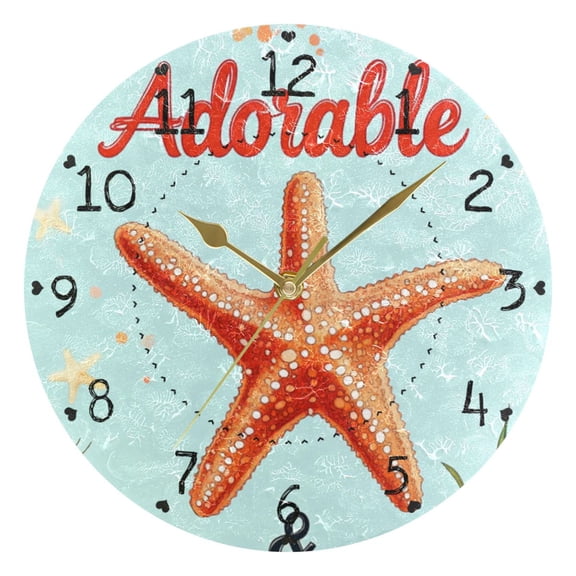 Flowers Palm Tree Leaves Starfishes Round Wall Clock Silent Analog Battery Operated Gold Pointer Home Decor 9.84" Diameter