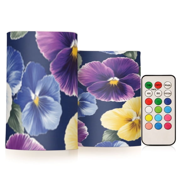 Flowers Pansies Flickering Flameless Candles Battery Operated with Remote Timer LED Pillar Candles Set of 2