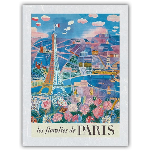 The Flowers of Paris France (Les floralies de Paris) - Eiffel Tower - Vintage Travel Poster by Raoul Dufy c.1959s - Japanese Unryu Rice Paper Art Print (Unframed) 12 x 16 in