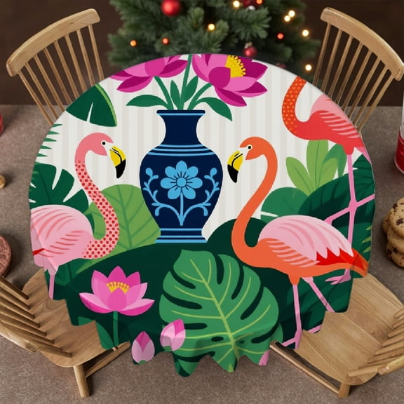 Flowers with Parrot Flamingo Bird Tablecloth for dining table round, Kitchen Accessories - Festive Table Setting Tablecloth for dining table, Cafe, picnic,60x60 Inch