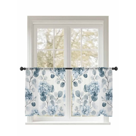 Flowers Pastoral Sheer Curtains 2 Panels Set Blue Hydrangeas Leaf Lihgt Filtering Rod Pocket Voile Drape, Semi Sheer Window Curtains for Bedroom Living Room, 52"x54"