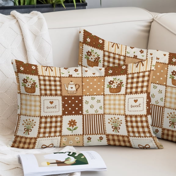 Flowers Patchwork Queen Size Pillow Cover, Pillowcase Protectors with Zipper, Breathable Decorative Throw Pillow Case Cover, Brown Farmhouse Country Plaid Pillow Shams for Couch Sofa 20x30Inch