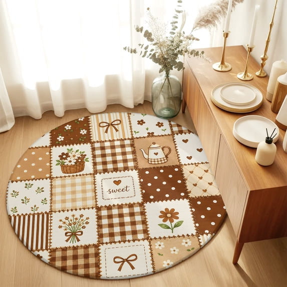 Flowers Patchwork Round Area Rug 3 FT, Small Kitchen Bathroom Mat, Brown Farmhouse Country Plaid Washable Indoor Outdoor Throw Runner Carpet Non-Shedding Doormat for Table Shower Sofa Entryway