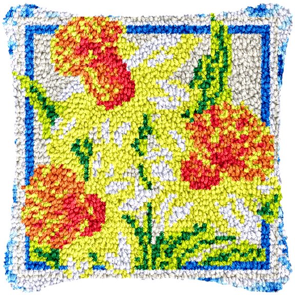 Flowers Pattern Latch Hook Kits Pillow Cover DIY Rug Making Crochet Hook Cushion Making Kits with Preprinted Pattern Canvas DIY Needlework Crochet Kits Sofa Decor 43x43cm