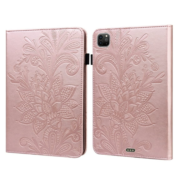 Flowers Pattern Tablet Case for iPad Pro 11" 4th/3rd/2rd/1st Generation 2022/2021/2020/2018, PU Leather Book Style Shockproof Flip Cover with Card Slots Strap Kickstand Pencil Holder Case, Rosegold