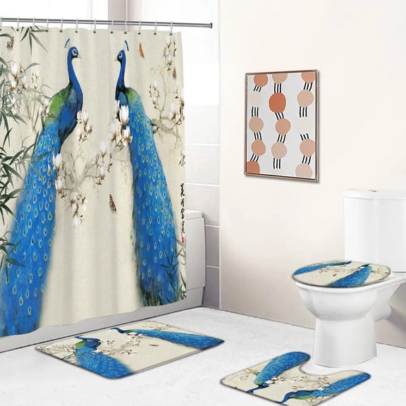 Flowers Peacocks Pattern Shower Curtain Set Toilet Cover Rug Carpets Non-slip Kitchen Bath Mat Wooden Board Bathroom Sets Decor
