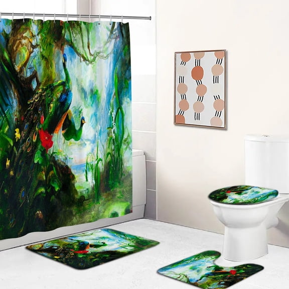 Flowers Peacocks Pattern Shower Curtain Set Toilet Cover Rug Carpets Non-slip Kitchen Bath Mat Wooden Board Bathroom Sets Decor