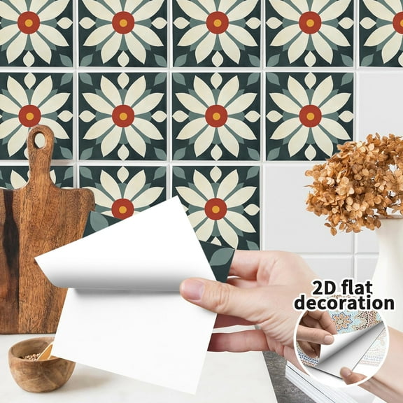 Flowers Peel & Stick Tile Stickers 24 PCS Self Adhesive Backsplash Decorative Wall Stickers for Kitchen Bathroom Tile Decals Waterproof & Removable 7.87" x 7.87"