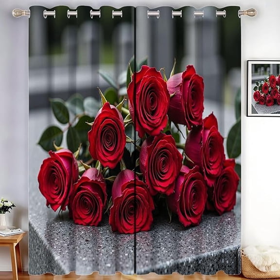 Flowers Photography Blackout Curtains for Living Room, Stone Tablet Roses Pattern Noise Reduction Black Out Grommet Drapes for Dining Room Bedroom-38"W x 45"L (Pack of 2)