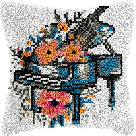 Flowers Piano Latch Hook Kits Pillow DIY Rug Crochet Hook Cushion Making Kits with Preprinted Pattern Canvas Instruction Yarns Pillow Cover Easy Starter DIY Crochet Kits 43x43cm (de131)