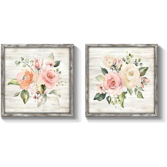 Flowers Picture Wall Art Print: Framed Floral Painting Blossom Artwork on Wooden Boards for Bedroom (12" x 12" x 2 PCS, Multiple Sizes/Material)