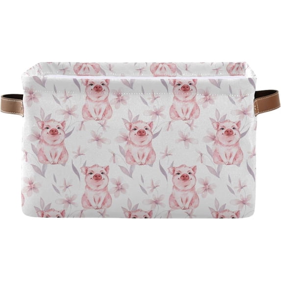 Flowers Pig Foldable Storage Basket for Shelves, Collapsible Sturdy Storage Bin with Handles, Canvas Storage Cube for Organizing Closet 1PCS Home Decor