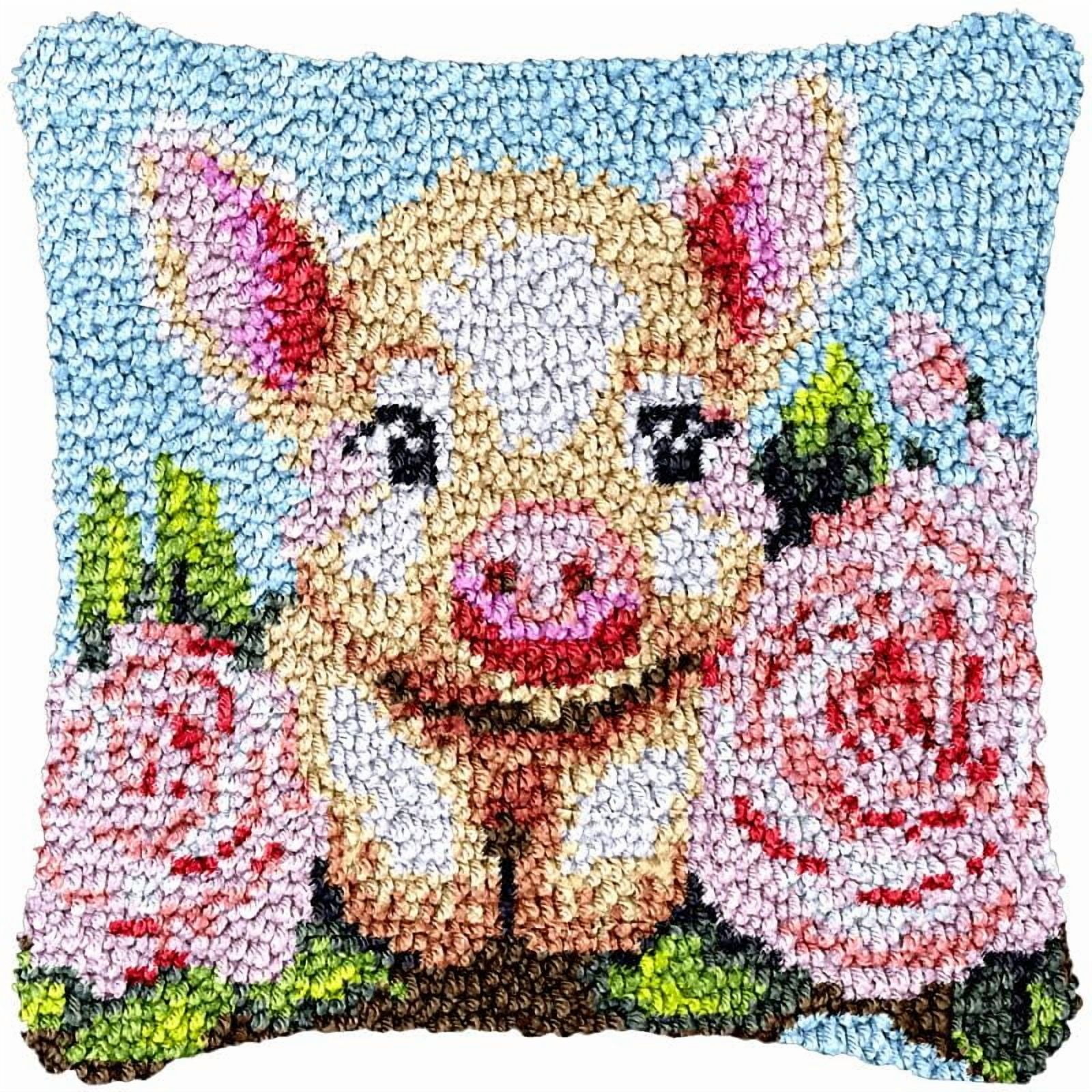 Flowers Pig Latch Hook Pillow Cover Kits for Needlework Cushion Throw Pillow Cross Stitch Crochet Hook Pillowcase Rug Kits Printed Canvas Crochet Yarn Kits Needlework 17'' X 17''