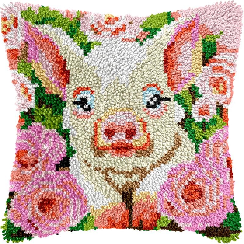 Flowers Pig Latch Hook Pillow Kits Cushion Pillowcase with Pattern Printed Canvas Sofa Hooking Pillows Crafts Embroidery Latch Hooking Crochet Kits 17x17 inch(174)