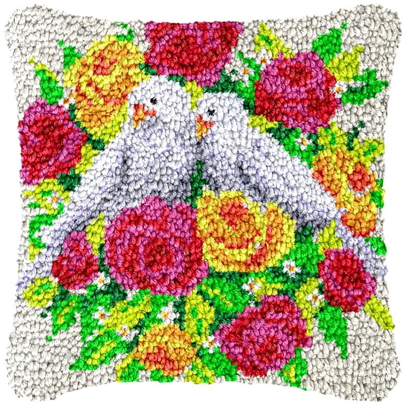 Flowers & Pigeon Latch Hook Kits Pillow Cover DIY Rug Making Crochet Hook Cushion Making Kits with Preprinted Pattern Canvas DIY Needlework Crochet Kits Sofa Decor 43x43cm