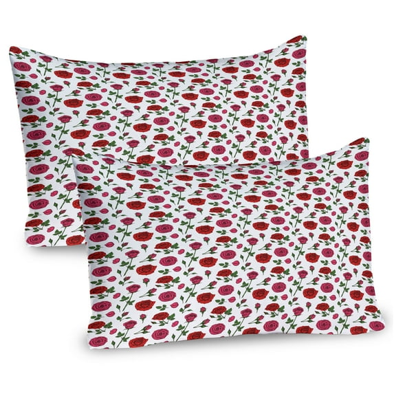 Flowers Pillow Sham Set of 2, Floral Theme Romantic Illustration Along Pink Roses on Plain Background, Quality Microfiber Bedding Item for All Seasons, 26" x 20", Green and Dark Pink, by Ambesonne