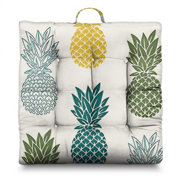 Flowers & Pineapple Floor Pillow – 22x22 Inch Square Meditation Cushion, Soft Dutch Velvet, Hawaiian Boho Design for Yoga & Lounge