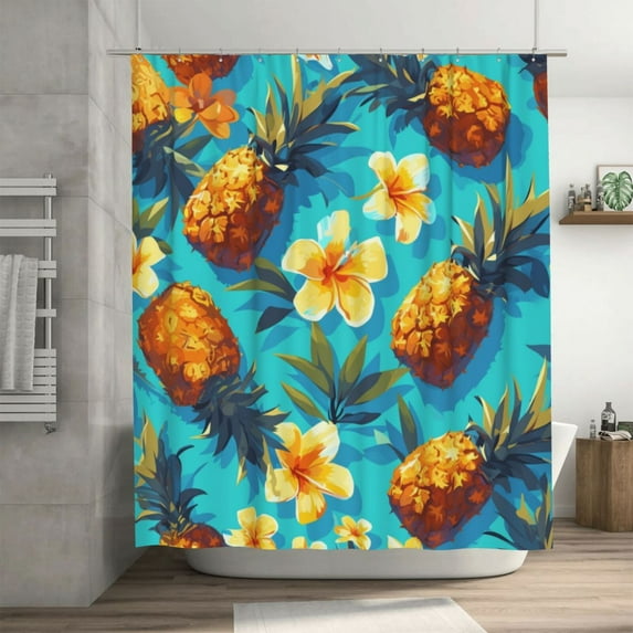 Flowers Pineapple Summer Shower Curtain 72X72In For Bathroom, Waterproof Fabric Quick Dry Soft Decoration Set