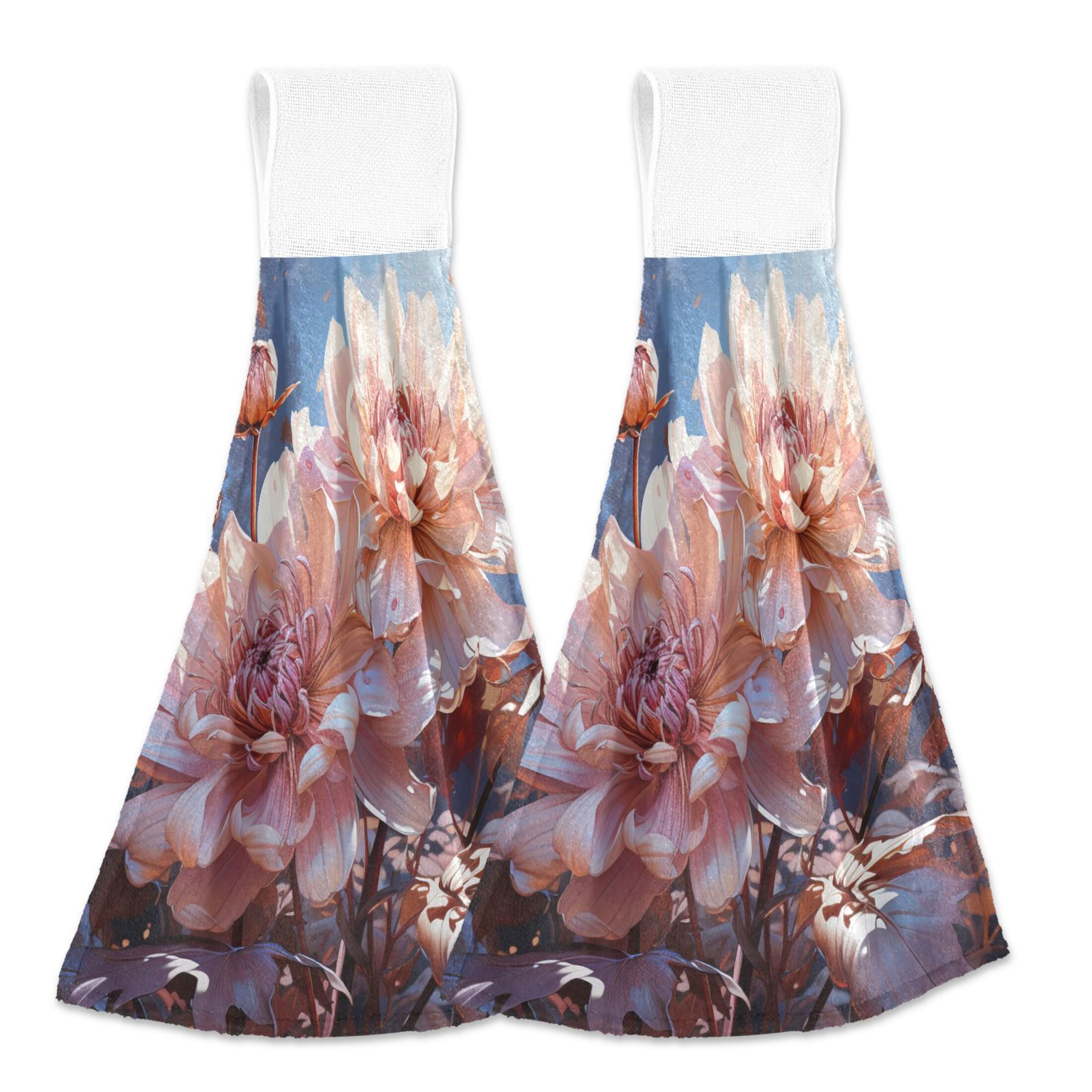 Flowers Pink 2pcs Bathroom Hanging Towels Velcro Soft Hand Towel ...