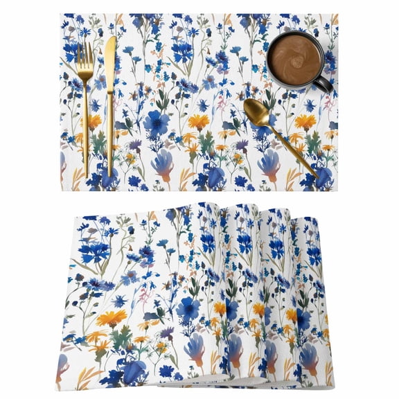 Flowers Placemats Set of 2, Hand-Painted Watercolor Blue Yellow Floral Leaf Non-Slip Place Mats Washable Table Mats for Kitchen Dining Table Decorations Indoor/Outdoor