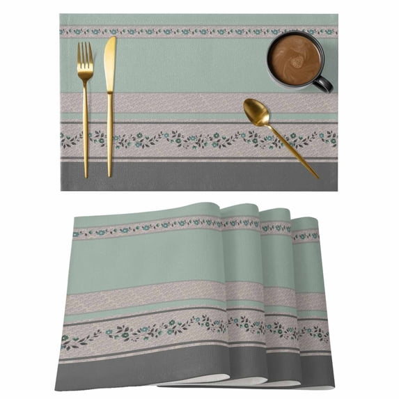 Flowers Placemats Set of 6, Boho Green Floral Grey Green Stripes Non-Slip Place Mats Washable Table Mats for Kitchen Dining Table Decorations Indoor/Outdoor
